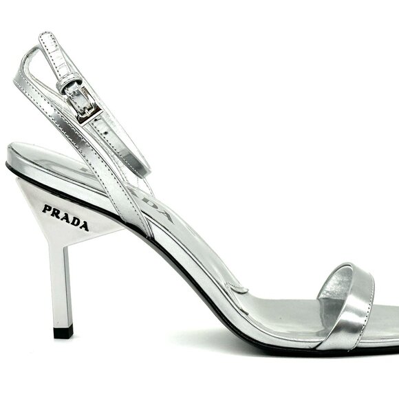 PRADA Metallic Leather Logo Triangle Heel Ankle Strap Sandals Heels Shoes - Picture 14 of 15